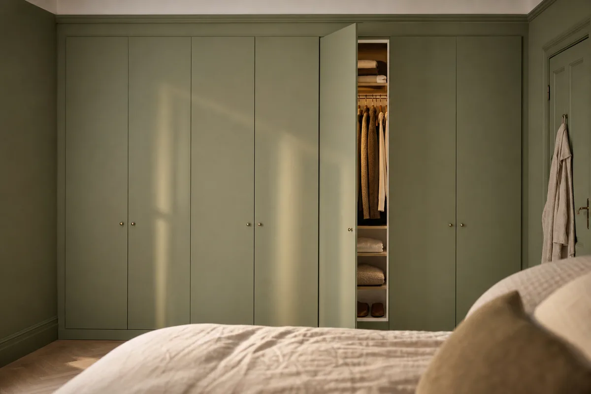 Dressing IKEA PAX habillé de panneaux peints vert sauge dans une chambre