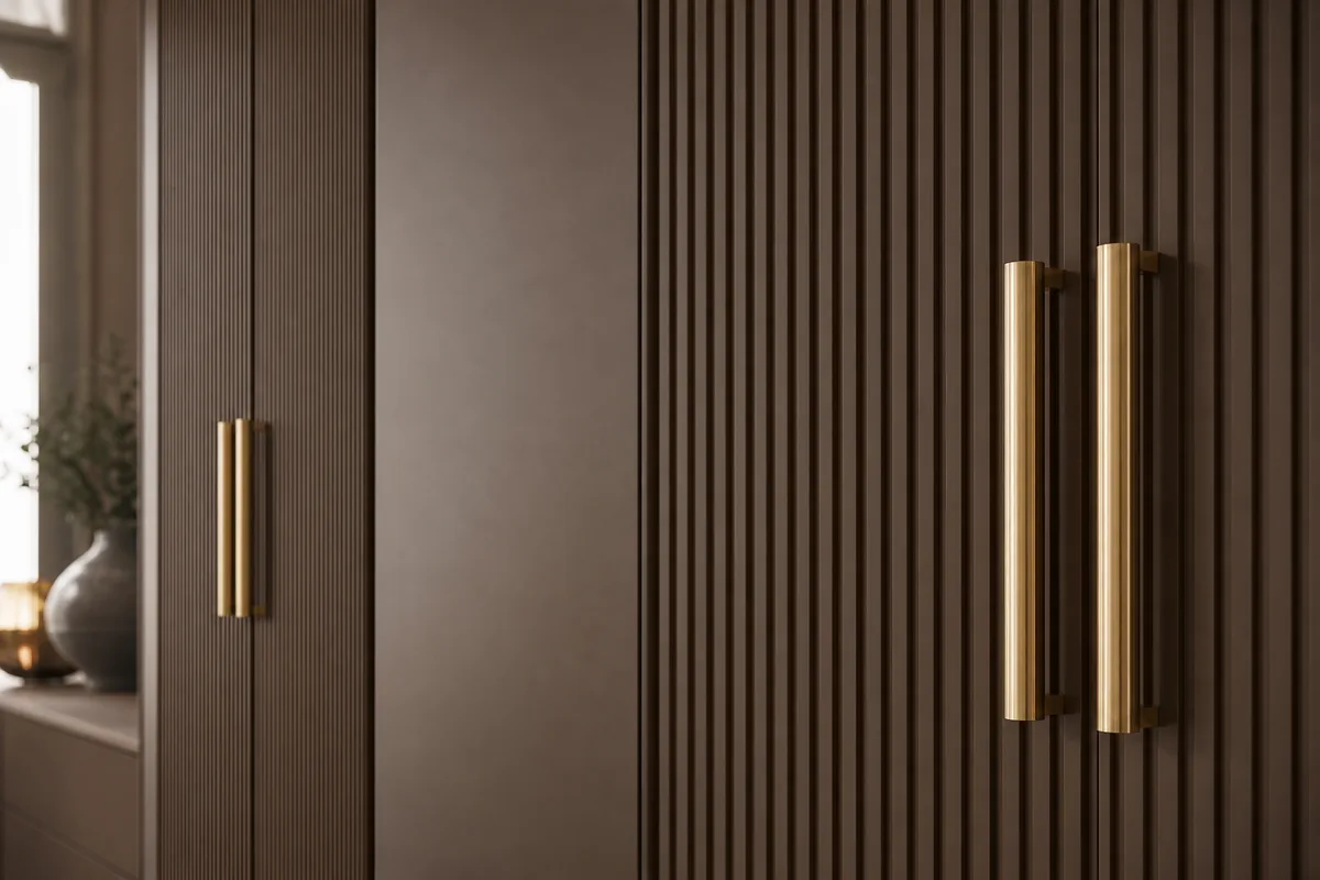 Détail de façades cannelées et poignées laiton sur un dressing sur mesure
