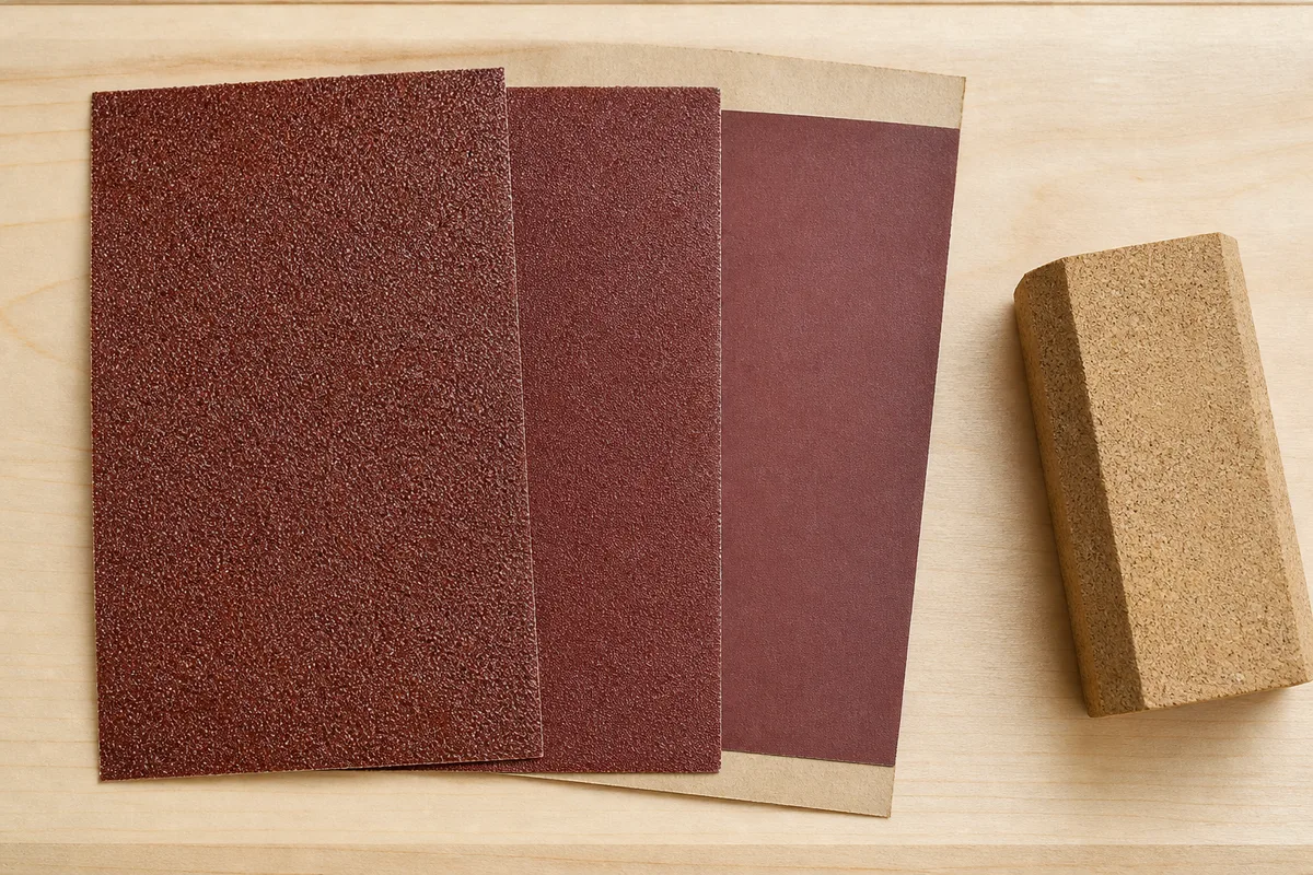 Trois feuilles de papier abrasif de grains différents posées à plat sur un plateau de bois clair
