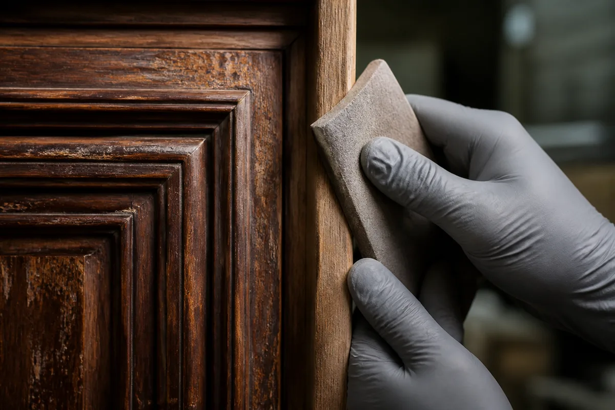 Mains gantées guidant une cale à poncer sur le chant d’une porte de meuble ancienne