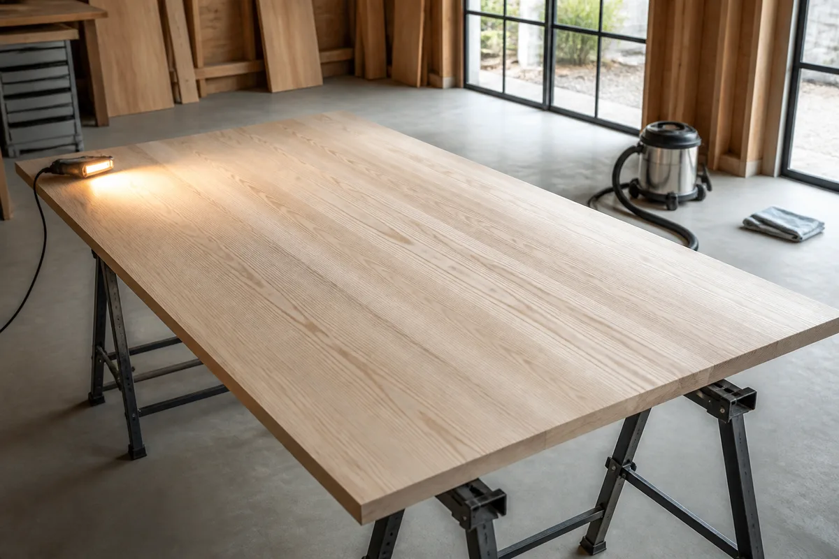 Plateau de table en bois clair fraîchement poncé posé sur deux tréteaux dans un atelier lumineux