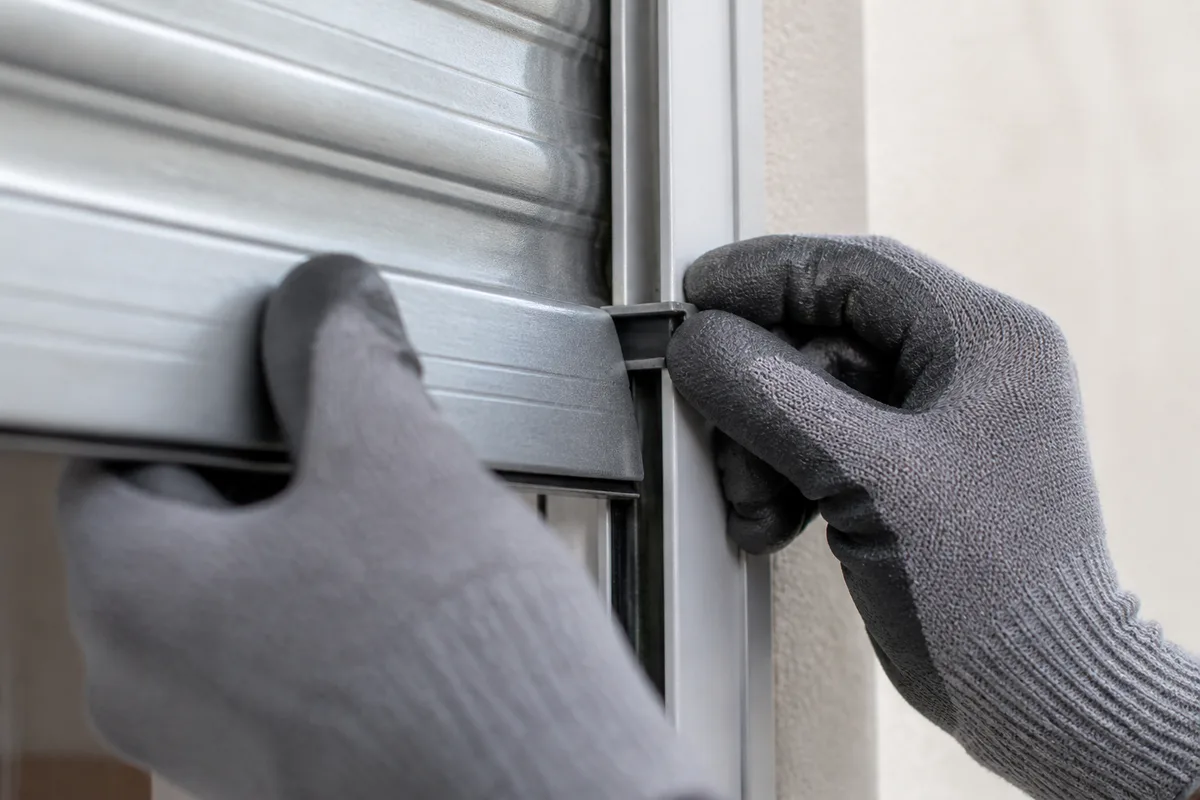 Mains gantées repositionnant une lame de tablier dans la coulisse d&rsquo;un volet roulant