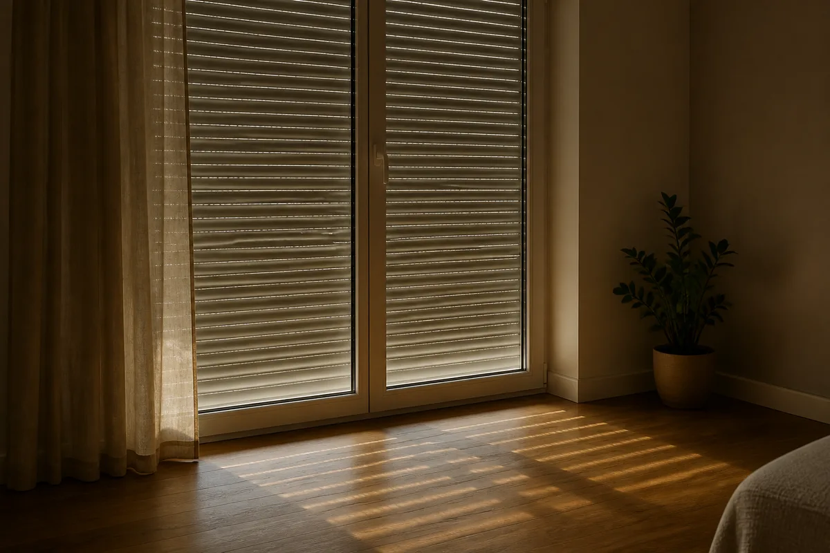 Volet roulant fermé vu de l&rsquo;intérieur d&rsquo;une pièce lumineuse avec parquet clair